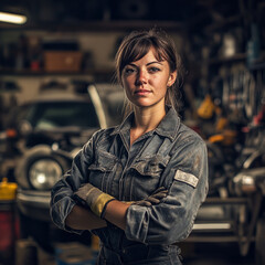 Fototapeta premium A determined female mechanic, 35-45 years old, in a realistic portrait style. She wears a work shirt and gloves, confidently working on a car surrounded by tools in the garage