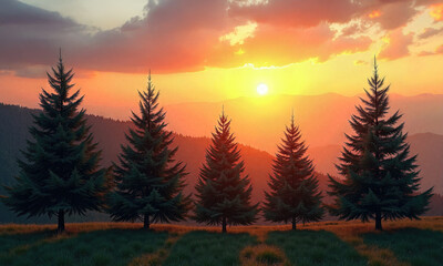 As the sun slowly sets behind a picturesque row of tall trees, the evening begins to cast a warm glow across the landscape