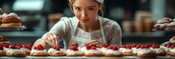 A cheerful young baker standing in a sleek kitchen carefully applying icing and fruit to pastries, embodying passion and precision amidst organized baking essentials, banner
