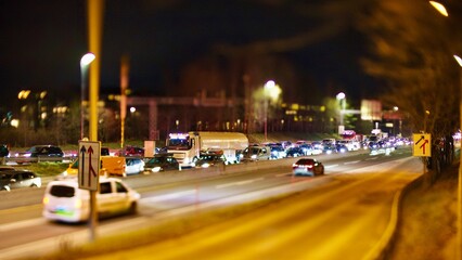 traffic at night in Oslo Norway. Traffic jam