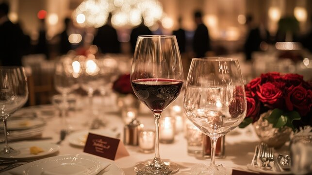 A table with wine glasses and a vase of red roses