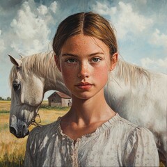 Fototapeta premium Portrait of a girl with a horse on a farm