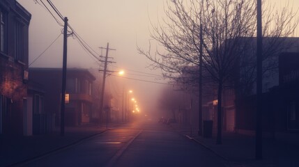 Fototapeta premium Quiet city street blanketed in morning fog, with streetlights casting a warm glow through the haze.