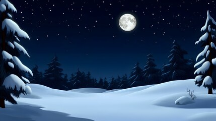 A winter scene with a large moon in the sky