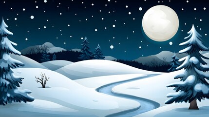 A winter scene with a moon in the sky and a path through the snow