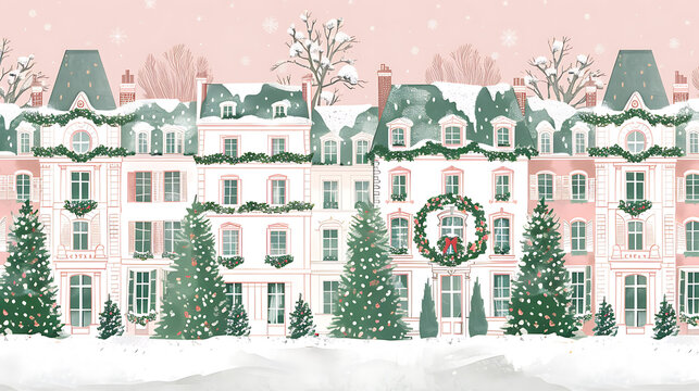 vintage paris christmas scene, illustration of white and pink parisian buildings adorned with christmas wreaths, set against a pink background with green accents vintage decorations