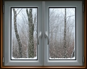 Obraz premium A window with a view of trees covered in snow
