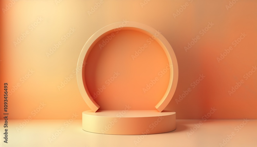 Poster empty light orange pedestal. geometric shape. modern studio. simple design. empty space. product dis