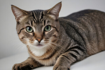 Fototapeta premium Tabby cat lying down and resting on white background