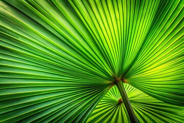 Fototapeta premium Lush Green Palm Leaf Texture in Tropical Background, Capturing the Beauty of Nature with Vibrant Shades and Intricate Patterns for Freshness and Relaxation