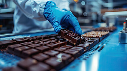 A person in gloves handles chocolate bars on a production line, showcasing the process of chocolate manufacturing in a factory setting.