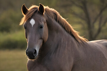 Fototapeta premium Brown horse posing in a field at sunset