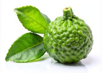 Obraz premium Isolated Fresh Bergamot Citrus Fruit with Green Leaves on a White Background, Highlighting the Unique Texture and Aromatic Qualities of This Exotic Ingredient