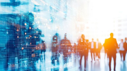 Blurred Silhouettes of People Walking Through a Digital Interface - Network, Technology, Innovation, Connectivity, Future, Abstract
