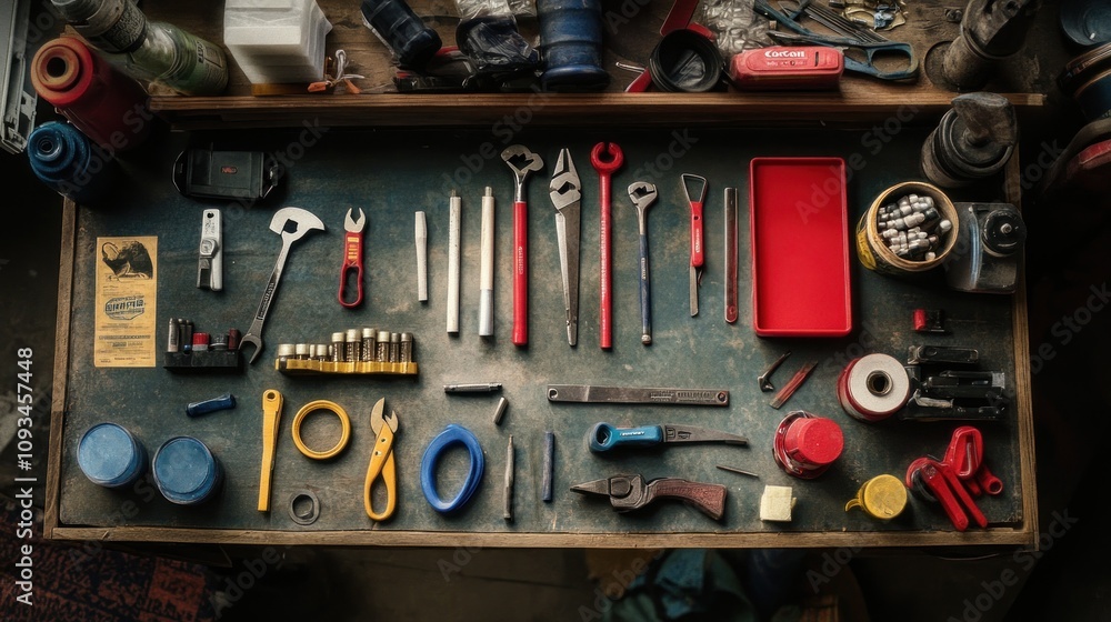 Aufkleber Assorted Hand Tools Arranged On A Dusty Workbench