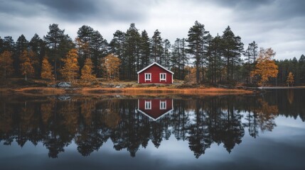 Fototapeta premium Red Cabin Reflecting In Calm Autumn Lake