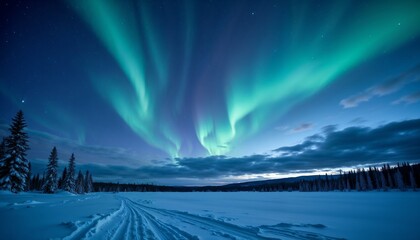 Northern Lights over a Snowy Forest, Nighttime Scene with a Starry Sky