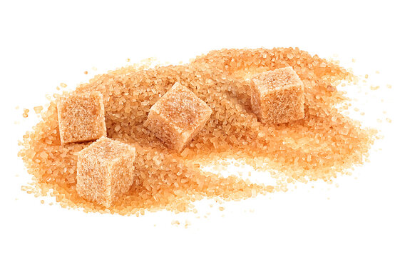 Pile of brown granulated sugar and sugar cubes isolated on a white background. Unrefined brown cane sugar pile.