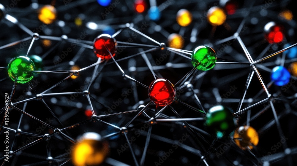 Poster colorful spheres connected by a complex network structure