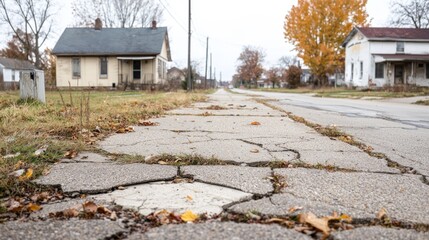 Cracked Concrete Sidewalk in Front of Old Suburban Houses - Urban Decay Concept
