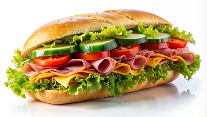 Freshly Made Sub Sandwich with Ham, Crisp Vegetables, and Colorful Toppings Assembled on a Soft Bread Roll for a Delicious Snack Option