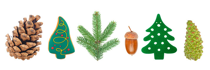Collection of decorative Christmas plants, decoration and sweets. Acorn, pine cones, fir tree branch, gingerbread and felt fir tree.