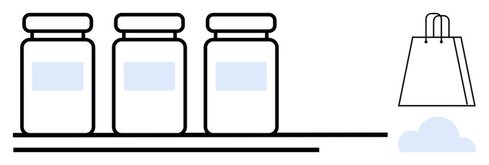 Three jarred products on a shelf next to shopping bag and cloud. Ideal for e-commerce, online shopping, retail, food products, consumer goods, packaging, digital sales. Line metaphor