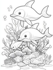 Obraz premium Dolphins & coral reef ocean life coloring page illustration