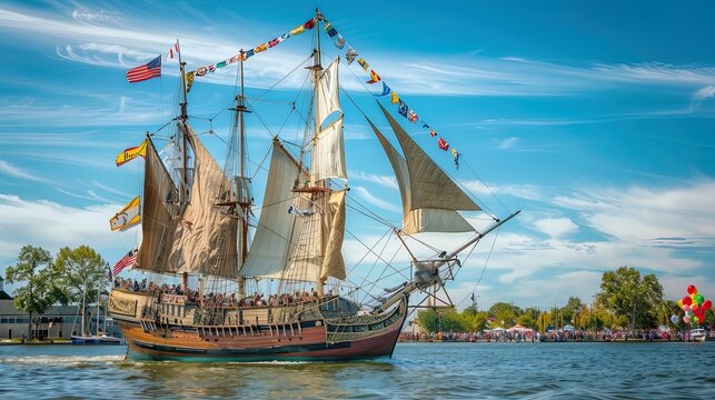 Draken harald h&aring;rfagre, world&rsquo;s largest viking ship sailing on a river near the coast with full sails deployed during a festival