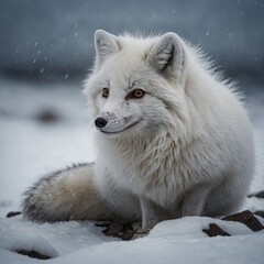 A snowy Arctic fox in a crouching position.