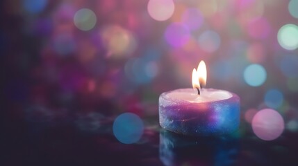 A single candle burns brightly against a colorful bokeh background