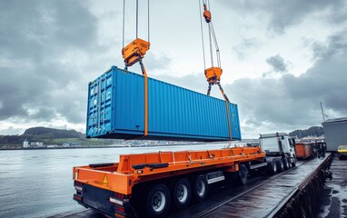 A blue shipping container being lifted by a crane at a busy port.