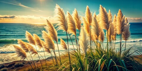 Scenic View of Pampas Grass by the Ocean at Saint Jean de Luz, France, Capturing the Golden Glow of Sunset and the Beauty of Coastal Nature