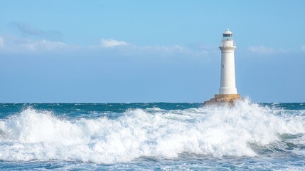 Lighthouse Standing Tall Amidst Crashing Waves and a Clear Blue Sky