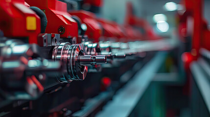 A close-up view of industrial machinery featuring red components and intricate mechanical parts, showcasing precision engineering and technology.