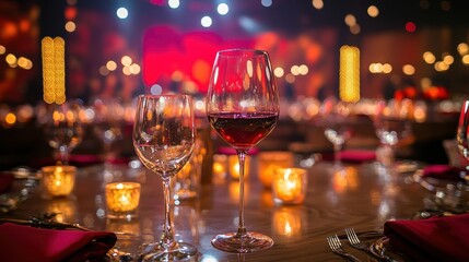 A table with a wine glass and a wine glass with a candle in it