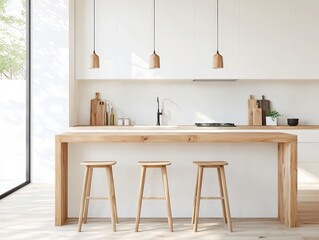 Minimalist kitchen with wooden island and stools