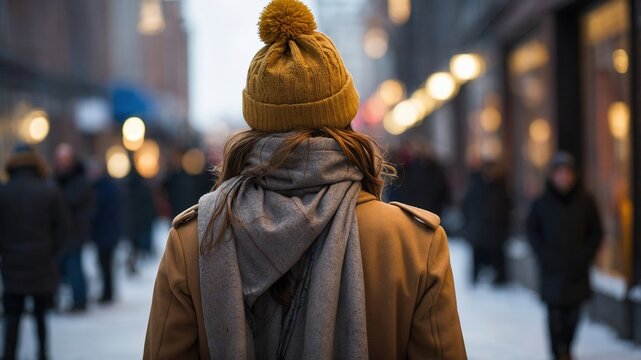 Mujer abrigada en zona urbana: calle nevada en invierno llena de transe&uacute;ntes