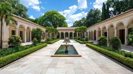 Serene courtyard with fountains and lush gardens