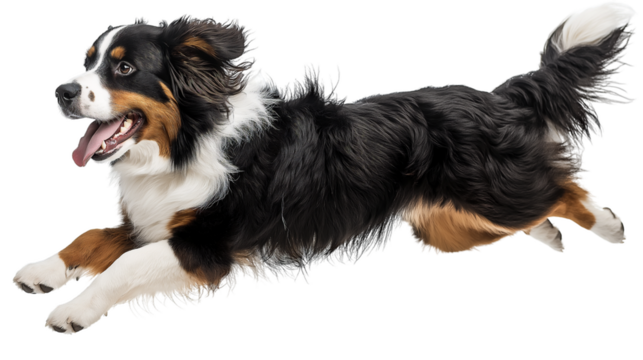 Bernese shepherd dog joyfully jumping in a sunny park during an afternoon play session