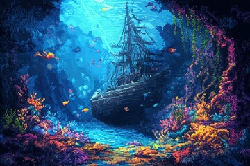 Pixel art underwater scene shows sunken ship among glowing corals. Schools of fish swim near colorful coral reefs. Mysterious sunken ship rests ocean floor. Pixelated style creates retro video game