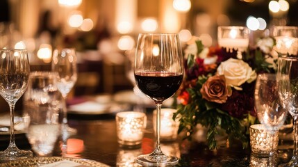 A table with a wine glass and a vase of flowers