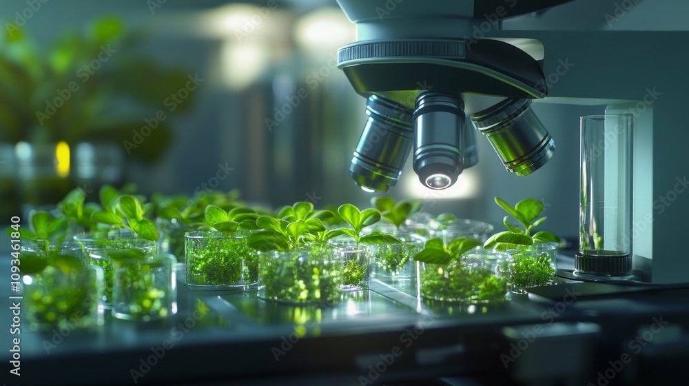 Poster close-up of bioengineered plant cells under microscope visualizing cellular structures and growth in