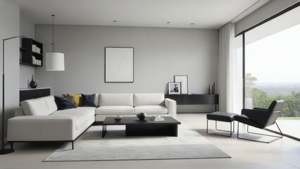 A modern living room interior with a sleek sofa and minimalist decor.
