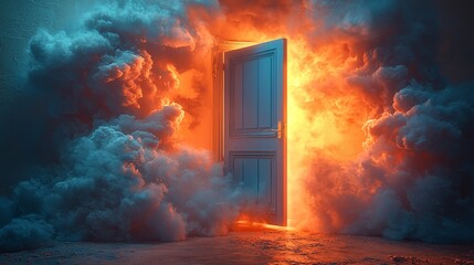 A glowing door surrounded by vibrant smoke, suggesting mystery and adventure.
