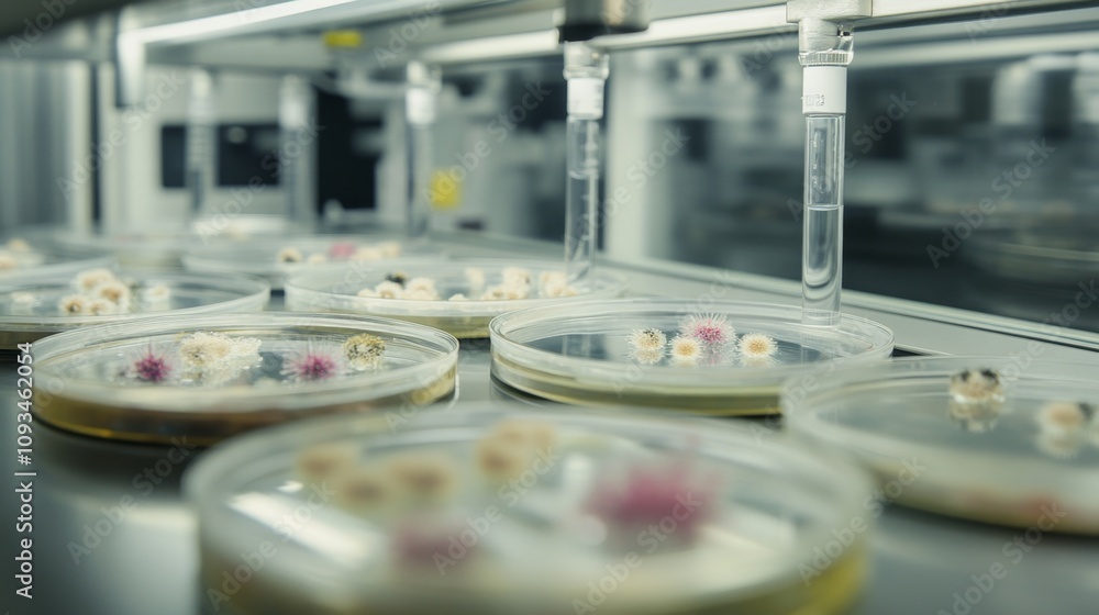 Poster close-up view of petri dishes containing bioengineered organisms in a laboratory setting with advanc