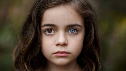 Fototapeta premium Close-up portrait of a girl with heterochromia. She has one brown eye and the other eye is captivatingly blue