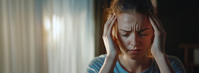 Fototapeta premium portrait of a woman suffering from a headache massaging her temples. Closeup view. For World Migraine Day, banner, design, cover, thumbnail, shop, linkedin, social media, presentation