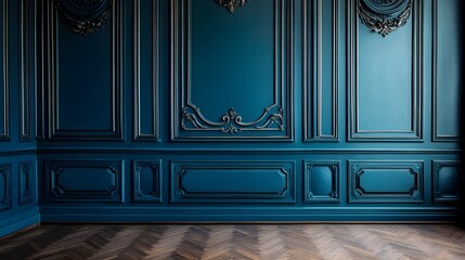 Elegant turquoise wall with intricate moldings and wooden herringbone flooring in a stylish interior design setting for luxury spaces