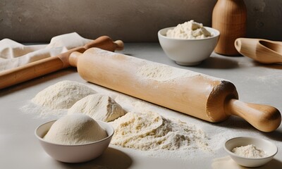 Minimalist Baking Scene with a rolling pin and a few scattered flour
